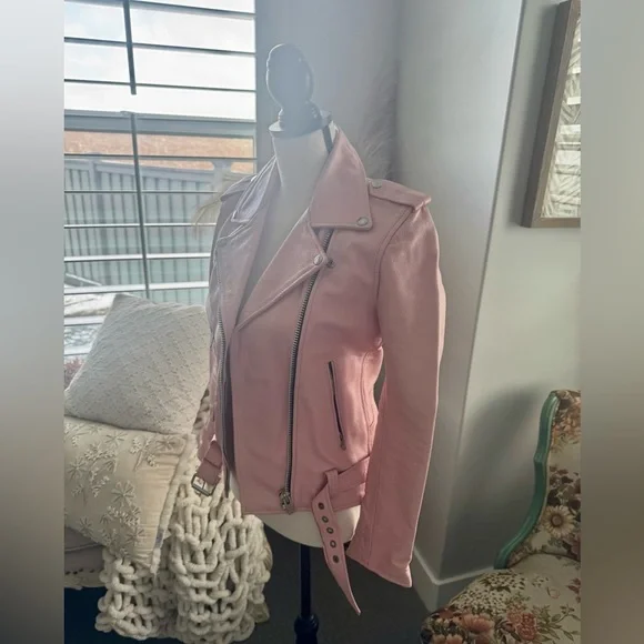Understated Leather Pink Zipper Belted Collared Biker Jacket Women’s XS - Picture 3 of 13